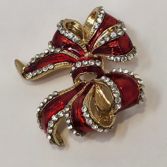 Ribbon Bow Red Enamel Brooch Pin Gold Tone Clear Rhinestone Holiday 3D Christmas - Picture 2 of 4